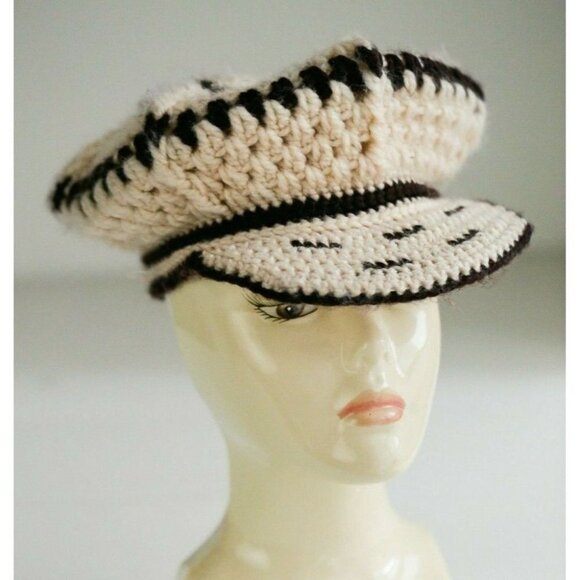 Vintage 70s Handmade Crochet Cream Brown Beret with Hard Shell Visor - Picture 2 of 8